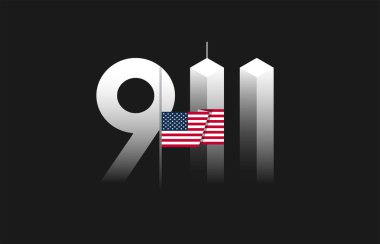 9/11 vatansever gün, half-staff uçakla Amerika Birleşik Devletleri bayrağı ile 11 Eylül vektör çizim 911 ikiz kuleleri sanat siyah arka plan üzerine
