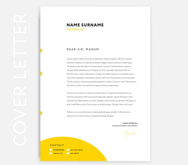 Yellow CV Cover Letter template design - curriculum vitae minimalist cover letter. Write a great cover letter with this stylish minimalist sample! Vector design with yellow circle background