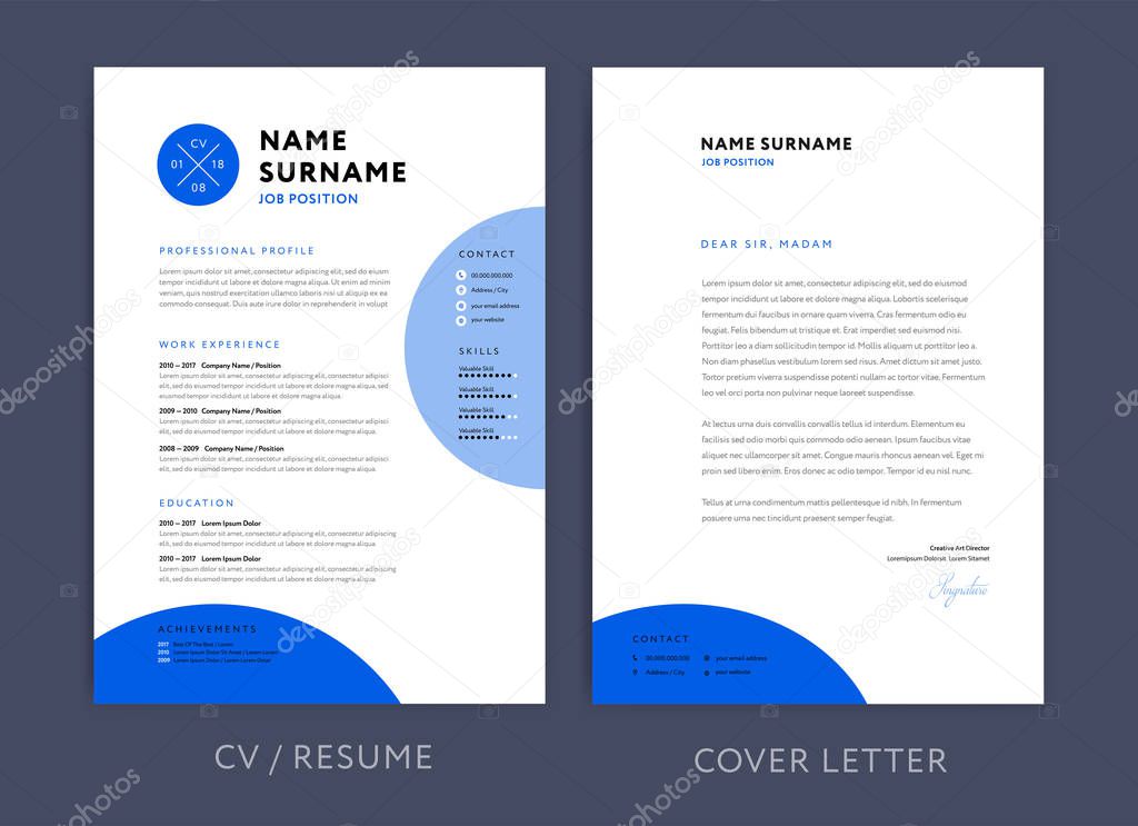 Professional CV resume template blue design and letterhead / cover letter - vector minimalist design