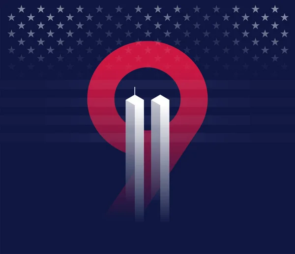 9/11 kavramsal illüstrasyon vektör. New York'ta 11 Eylül 2001 saldırıları asla unutmam. Kırmızı 9 ve hayaletler gibi seyir ikiz kuleleri ile koyu mavi arka plan. Vektör konsept illüstrasyon