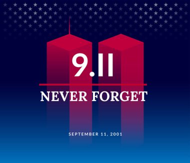 9/11 ABD 11 Eylül 2001 unutmam. Vektör kavramsal çizim vatansever gün Usa posteri veya başlığı için. Koyu arka plan, kırmızı, mavi renkler