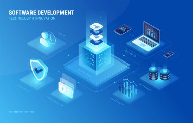 Yazılım geliştirme süreci izometrik infographics simgeler. Yazılım geliştirme dijital platformu bağlanır veritabanı, Kullanıcı, siber güvenlik, laptop, cep telefonu ve şirket iş analizi - vektör