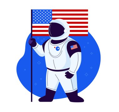 Amerikalı astronot, yeni bir uzay giysisiyle Amerikan bayrağıyla Amerikan uzay araştırmasını başlatmaya ve onunla gurur duymaya hazır. Beyaz arka planda izole edilmiş düz bir modada vektör çizimi.