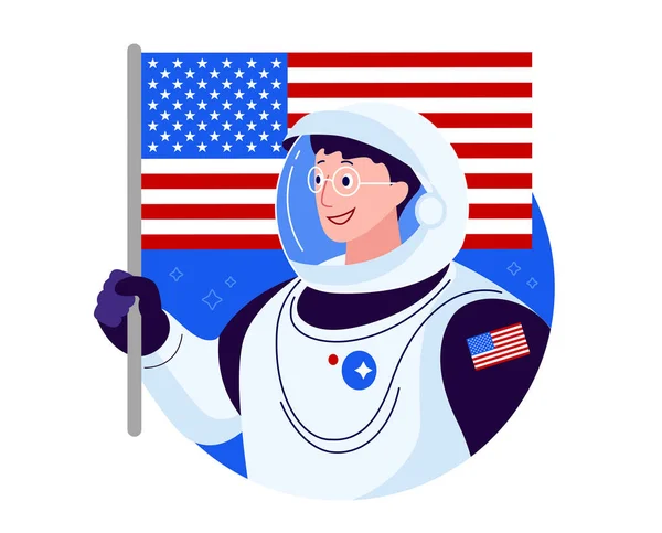 Amerykański Astronauta Amerykańską Flagą Szczęśliwy Uśmiechnięty Astronauta Usa Okularach Ilustracja — Wektor stockowy