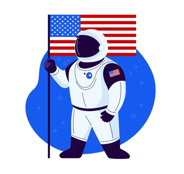 Amerykański Astronauta Stoi Amerykańską Flagą Nowym Skafandrze Gotowy Startu Dumny — Wektor stockowy
