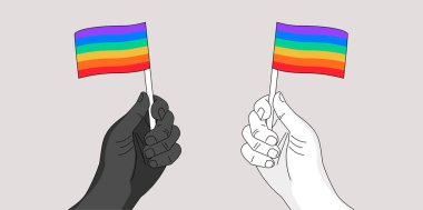 Gökkuşağı bayraklarından feragat eden iki el - gay gurur sembolü - Gurur ayı etkinliği için el çizimi vektör illüstrasyonu- insanların sivil haklarının metaforu 