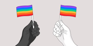 Two hands waiving rainbow flags - gay pride symbol - hand drawn vector illustration for Pride month event - metaphor of people's civil equal rights  clipart