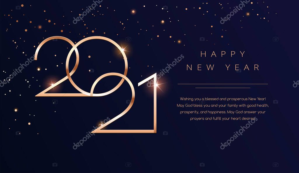 Luxury 2021 Happy New Year background. Golden design for Christmas and New Year 2021 greeting cards with New Year wishes of health and prosperity. Vector background in gold and dark blue black color