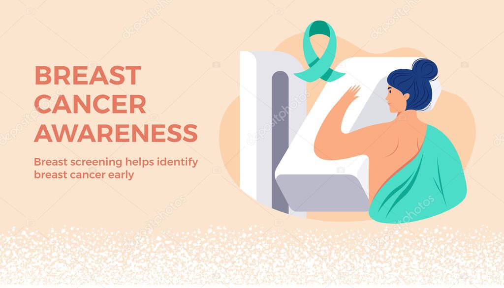 Breast Cancer Awareness month banner. Beautiful young woman with hand raised receives breast cancer test on hospital breast screening machine, cancer ribbon. Women vector illustration in flat style