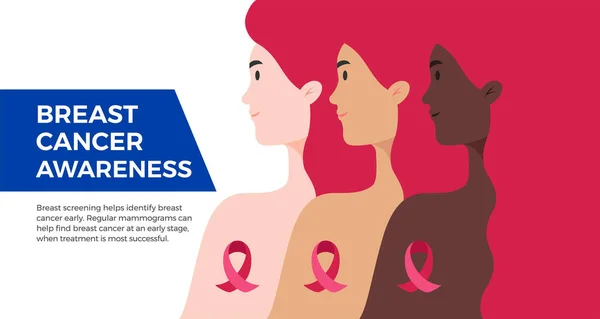 Banner Del Mes Concientización Del Cáncer Mama Usa Mujeres Diferentes — Vector de stock