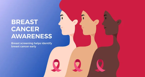 Speranza Cancro Seno Consapevolezza Sfondo Con Testo Donne Diverse Nazionalità — Vettoriale Stock
