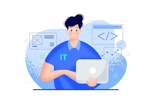 Cara Com Vetor Laptop Ilustração Moderna Cor Azul Retrato Jovem — Vetor de Stock