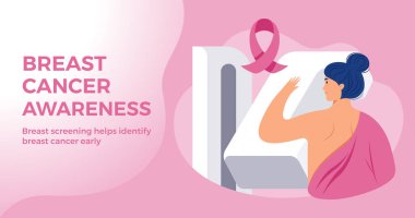 Breast Cancer Awareness month pink banner template - a woman at hospital breast cancer screening with a breast cancer pink ribbon on pink background. Vector illustration in flat style clipart