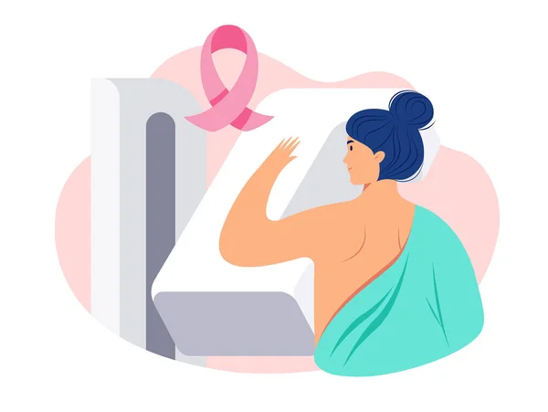 乳がんX線機で乳房スクリーニング検査 マンモグラムを受けた女性患者の意識図 乳がんの早期発見のためのピンクの乳がんリボン マンモグラフィー検査 ベクター — ストックベクタ
