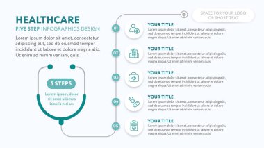 Steteskoplu tıbbi bilgi grafikleri şablonu - Düz çizgili simgelerle iş sunumu için 5 adım illüstrasyon - vektör grafiği