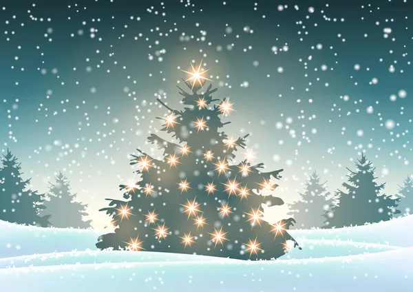 Weihnachtsbaum mit Lichtern im verschneiten Wald — Stockvektor
