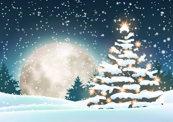 Kerstboom in het besneeuwde landschap met grote maan — Stockvector