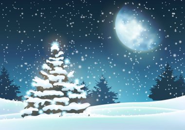 Noel ağacı büyük moon ile karlı manzara