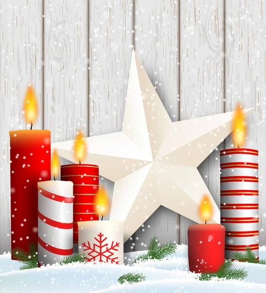 Natura morta di Natale con candele e decorazione a stella — Vettoriale Stock