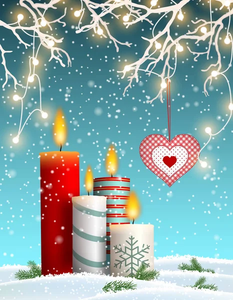 Velas navideñas en paisaje nevado, con corazón decorativo — Vector de stock