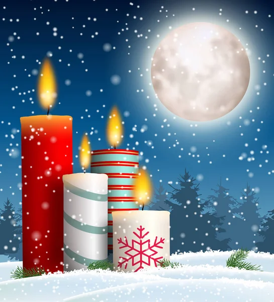 Christmas candles in snowy landscape with moon — Stock Vector