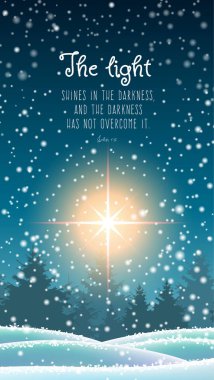 Kış manzara, karanlık ormanda, kar yağışı ve İncil alıntı, Noel nedeni, cep telefonu arka plan, illüstrasyon, eps 10 şeffaflık ile vektör büyük parlak yıldız