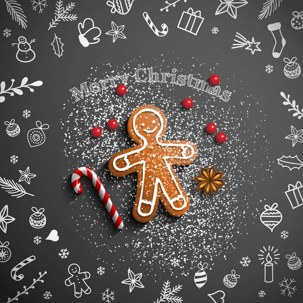Zencefilli kurabiye adam tebeşir ile siyah arka plan üzerine doodles — Stok Vektör