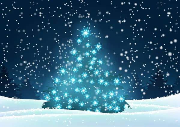 Kerstboom met blauwe verlichting in donkere landschap — Stockvector