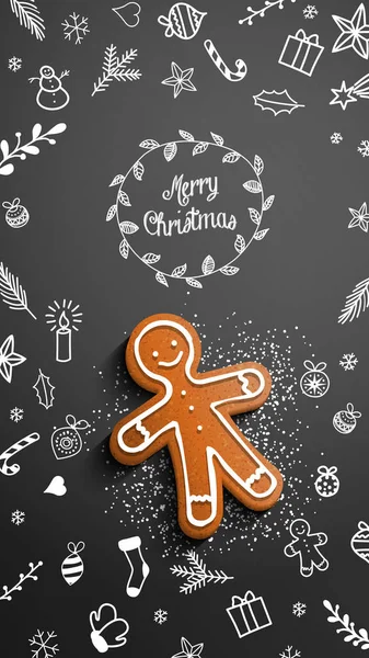 Gingerbread man with chalk doodles on black background — Stock Vector