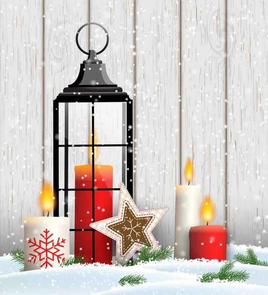 Vánoční Zátiší se svíčkami a staré lucerny — Stockový vektor