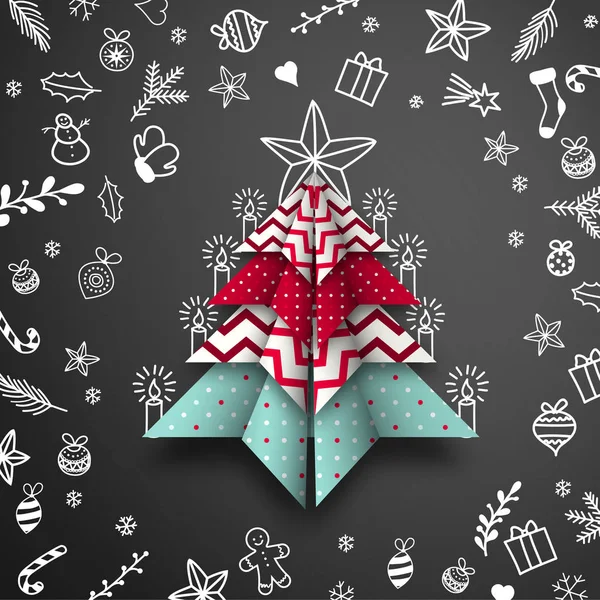 Origami abstrato Árvore de Natal sobre fundo preto — Vetor de Stock