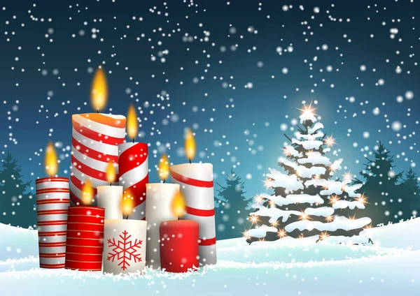 Bougies Noël Arbre Dans Paysage Enneigé Avec Forêt Nocturne Arrière — Image vectorielle