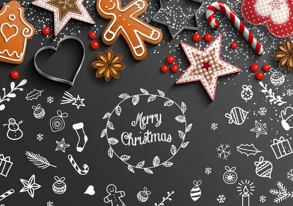 Tema natalizio con scarabocchi bianchi e decorazioni — Vettoriale Stock