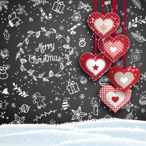 Christmas Background White Chalk Doodles Hanging Red Hearts Black Background — Stock Vector