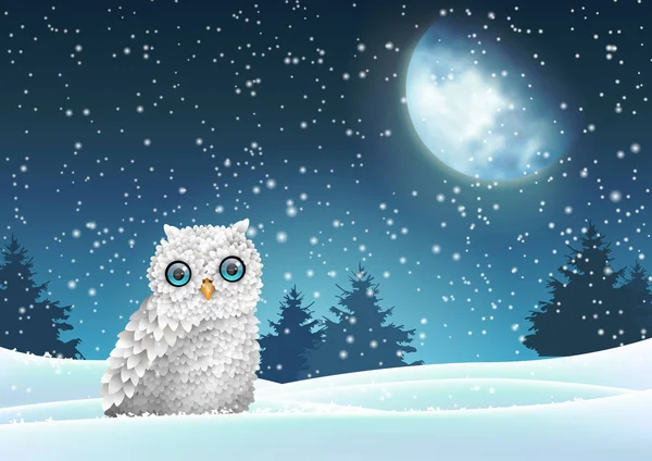 Fundo de inverno, coruja sentado na neve sob a lua — Vetor de Stock