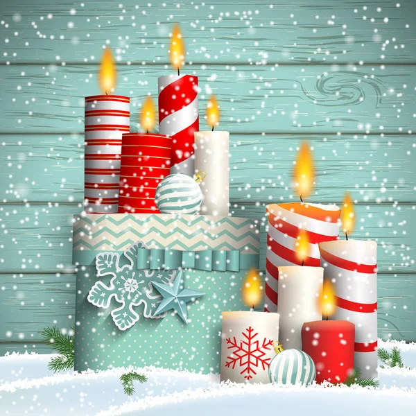 圣诞静物-带蜡烛和礼品盒的生活 — 图库矢量图片