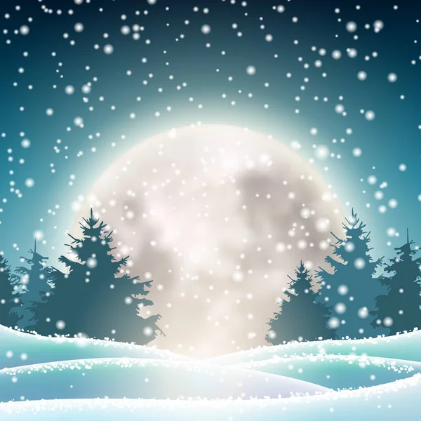 Winter snowy landscape with big shinny moon — Stock Vector