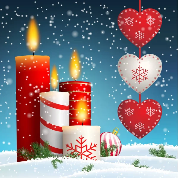 Рождественские свечи в снежном пейзаже с висящими сердцами — стоковый вектор