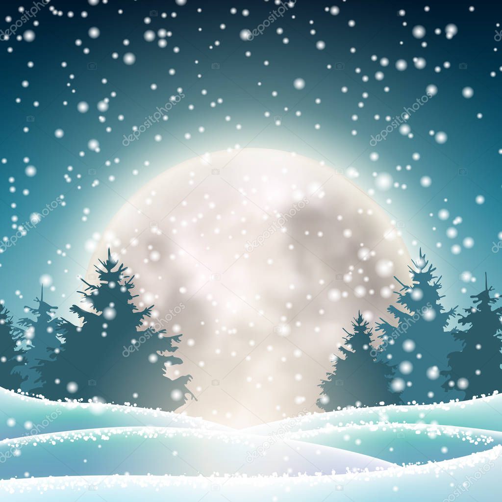 Winter snowy landscape with big shinny moon