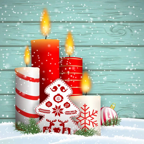 キャンドルと飾り、ツリー クリスマスのある静物 — ストックベクタ