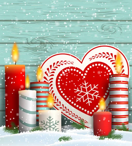 圣诞静物-蜡烛和装饰心的生活 — 图库矢量图片