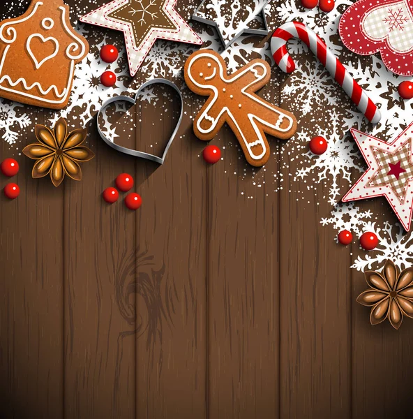 Christmas background with gingerbread, spices and ornaments — Stock Vector