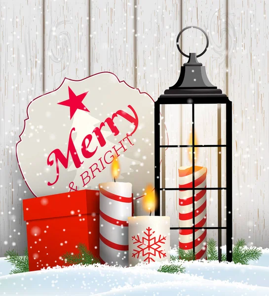Vánoční Zátiší se svíčkami, dárkové krabičky a staré lucerny — Stockový vektor