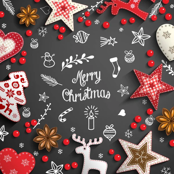 圣诞节背景与白色涂鸦和装饰品 — 图库矢量图片