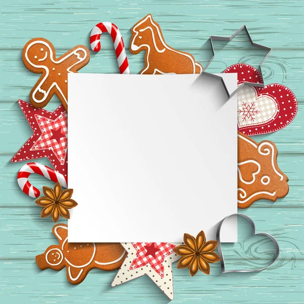 Zencefilli kurabiye ve rustik süs eşyaları ile Noel arka plan — Stok Vektör