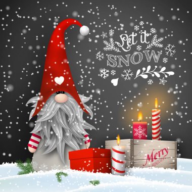 Mumlar ve siyah arka plan üzerine hediye kutuları ile Noel cüce