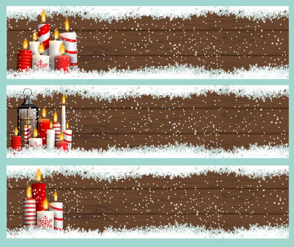 Três bandeiras de Natal com velas e flocos de neve —  Vetores de Stock