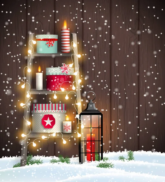 Tema Natal Escada Madeira Com Velas Caixas Presente Neve Fundo —  Vetores de Stock