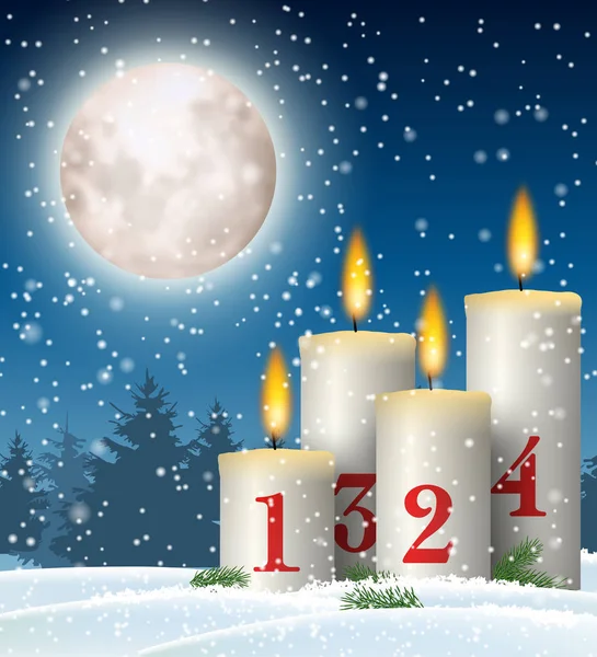 Candele di Natale nel paesaggio innevato con la luna — Vettoriale Stock