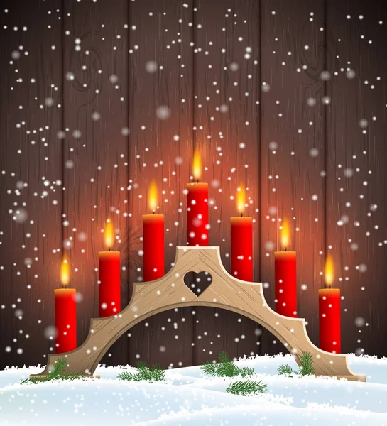 Traditional Christmas wooden candlestick with red candles — Stock Vector